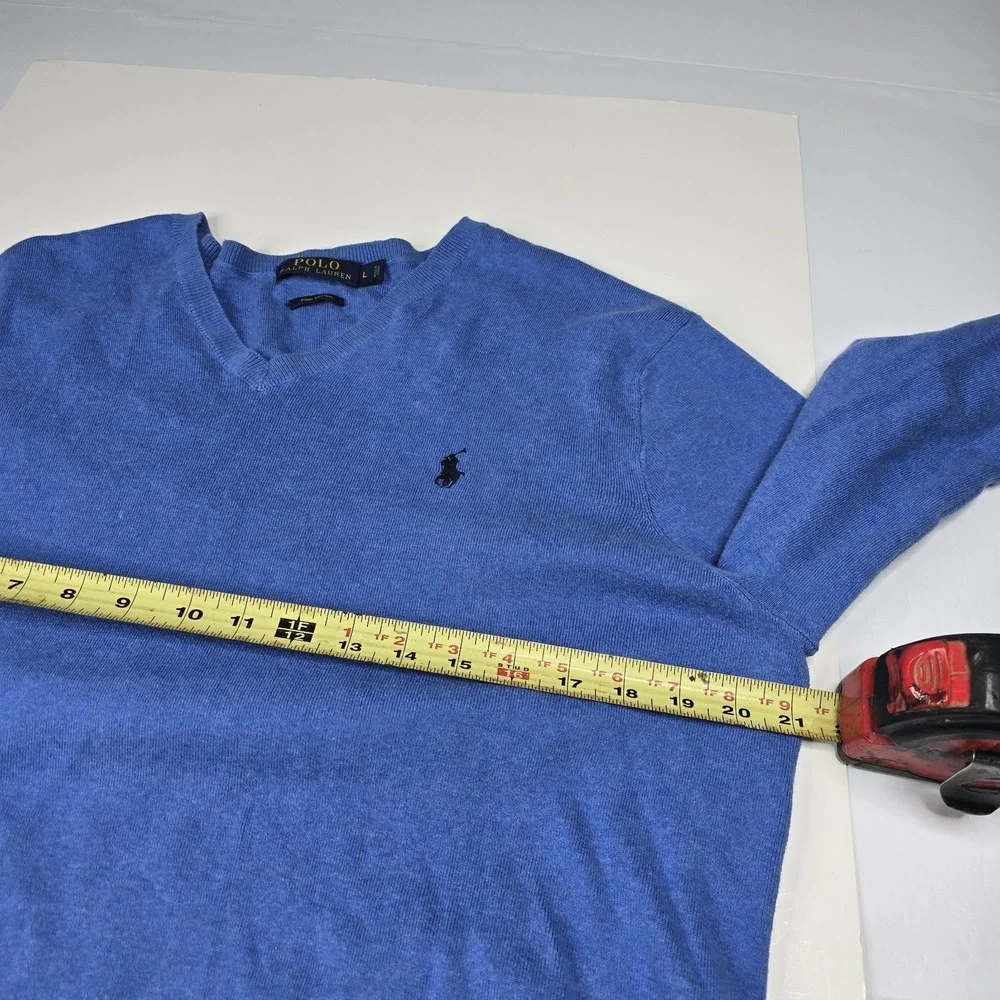 Polo Ralph Lauren Men's Large Pima Cotton V-Neck‎ Knit Sweater Blue Pony Golf